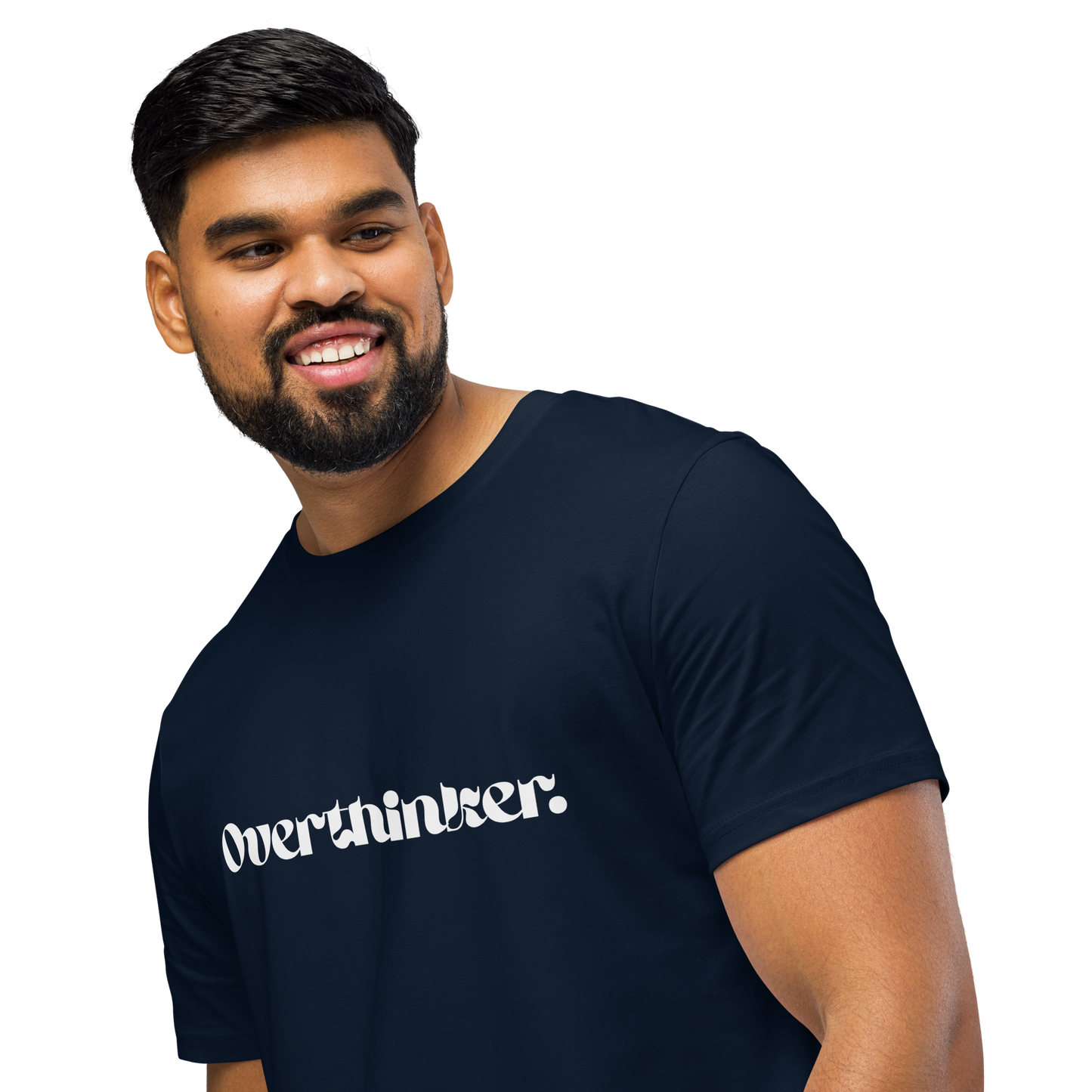 Man wearing a navy blue t-shirt with 'Overthinker' text on a white background
