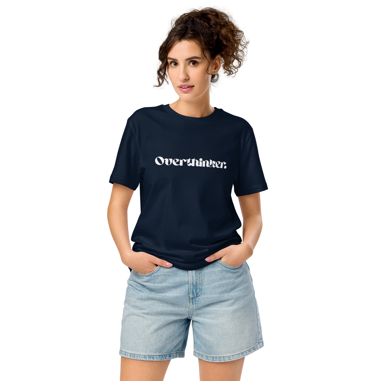 Woman wearing a navy blue t-shirt with 'Overthinker' text on a white background