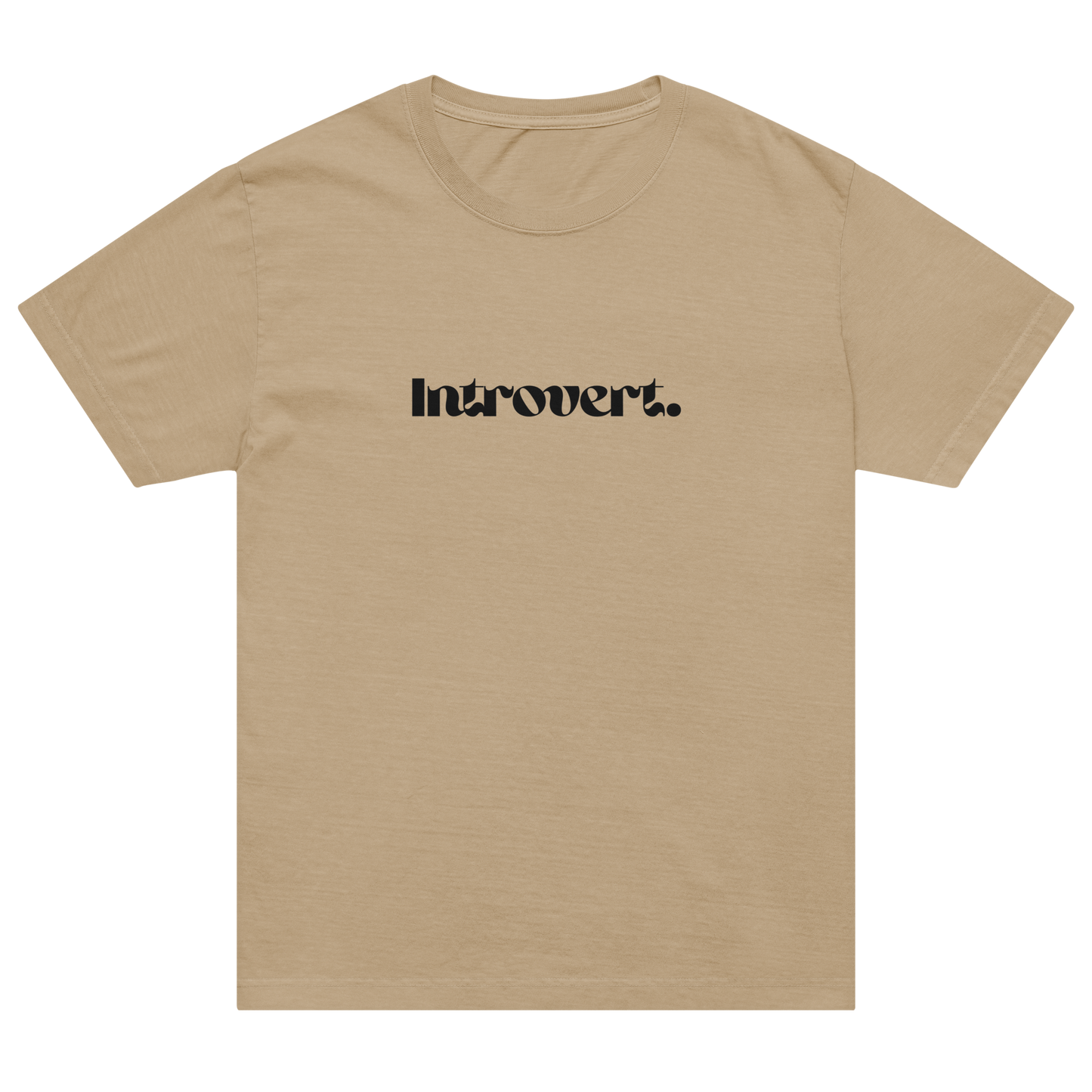 Beige t-shirt with 'Introvert.' text on a white background