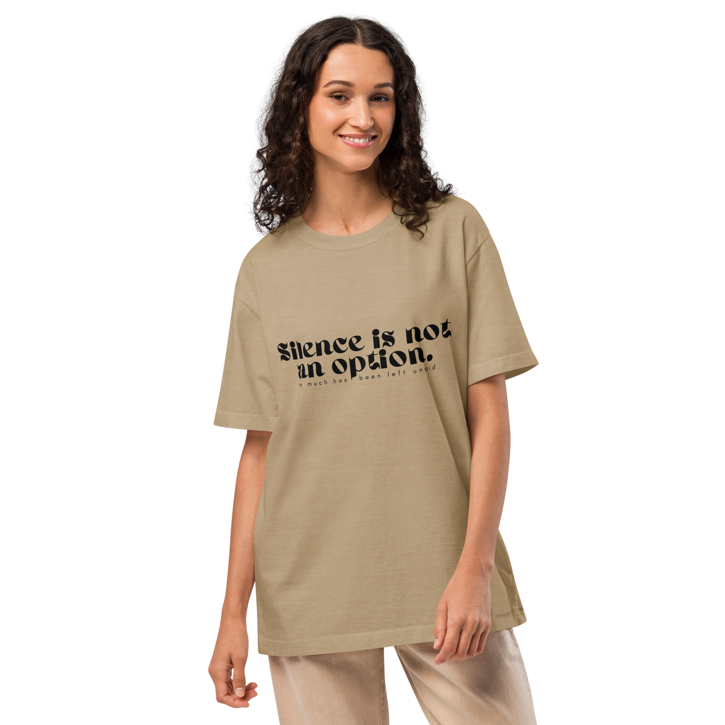 Woman wearing a beige t-shirt with text on a white background