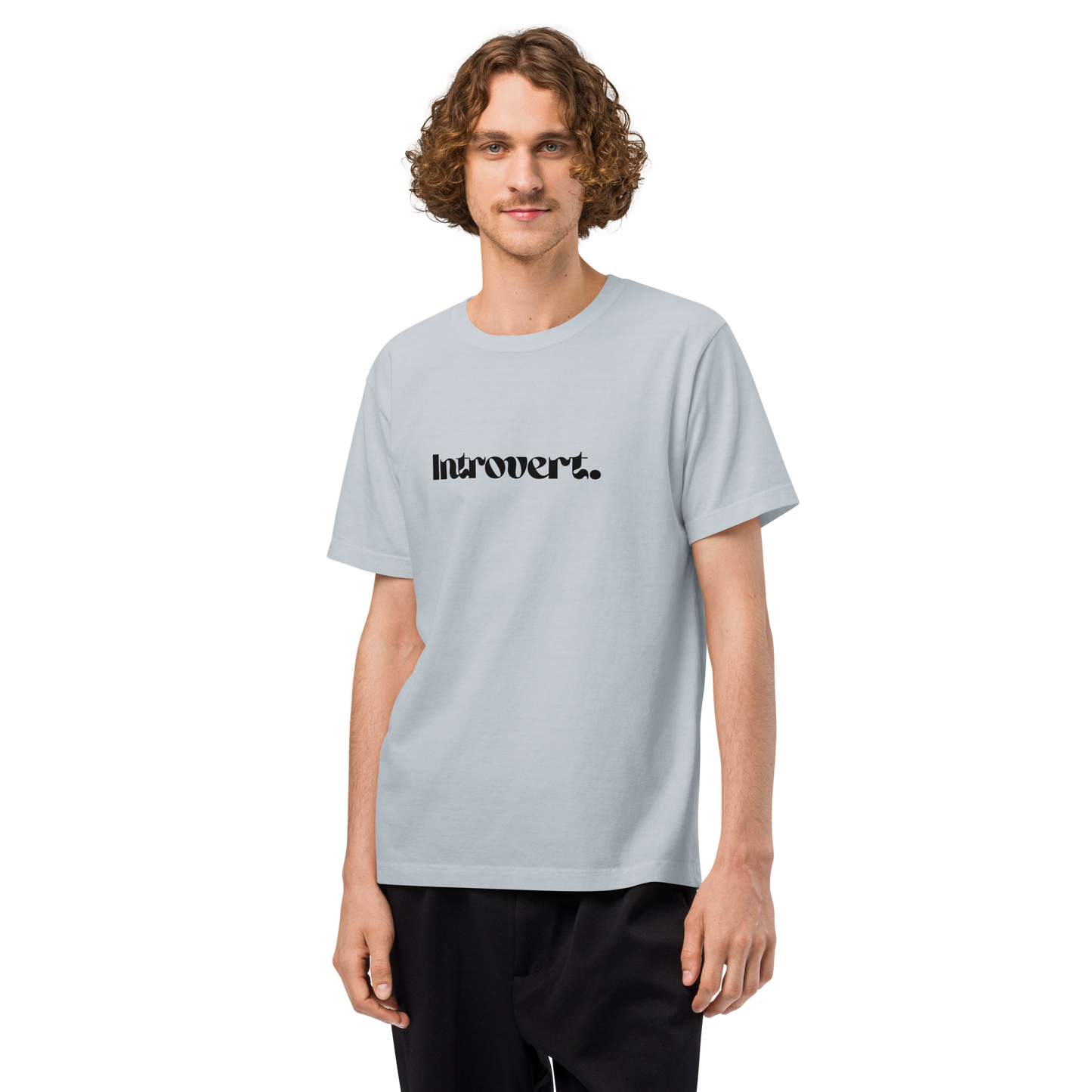 Person wearing a light blue t-shirt with 'Introvert' text on a white background