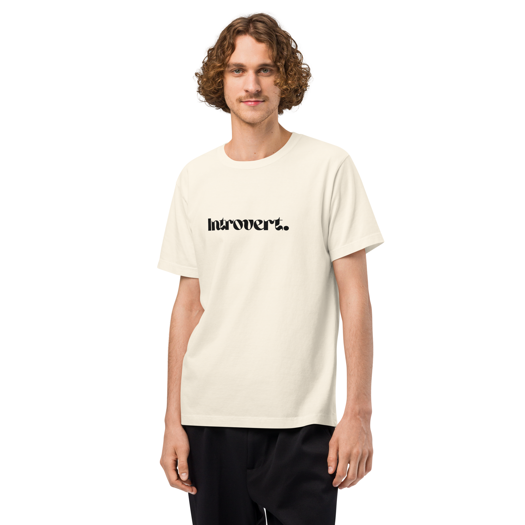 Person wearing a white t-shirt with 'Introvert' text on a white background