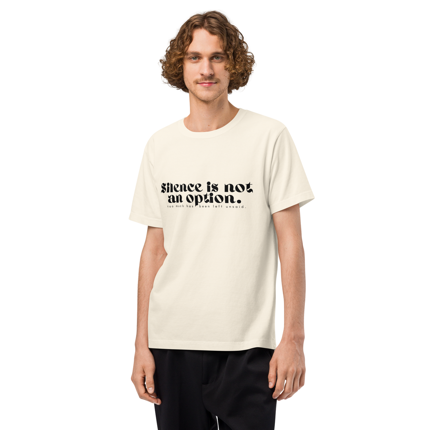 Person wearing a white t-shirt with text on a white background