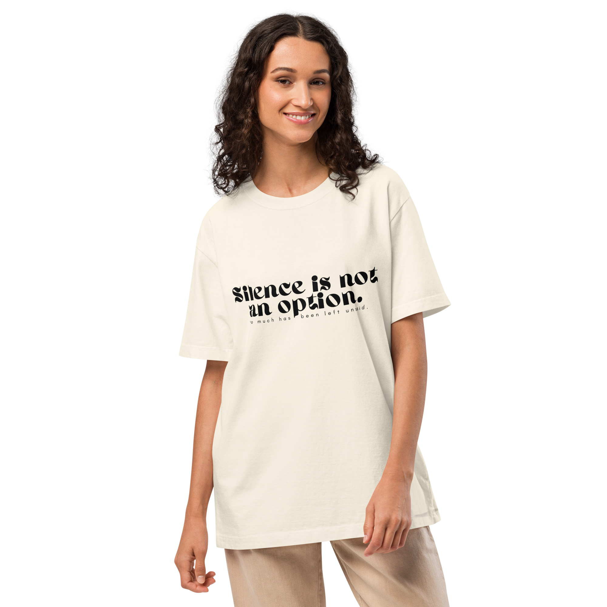 Woman wearing a white t-shirt with text on a white background