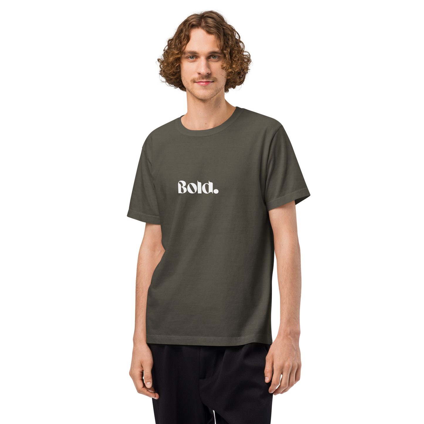 Man wearing a charcoal t-shirt with 'Bold.' text on a white background
