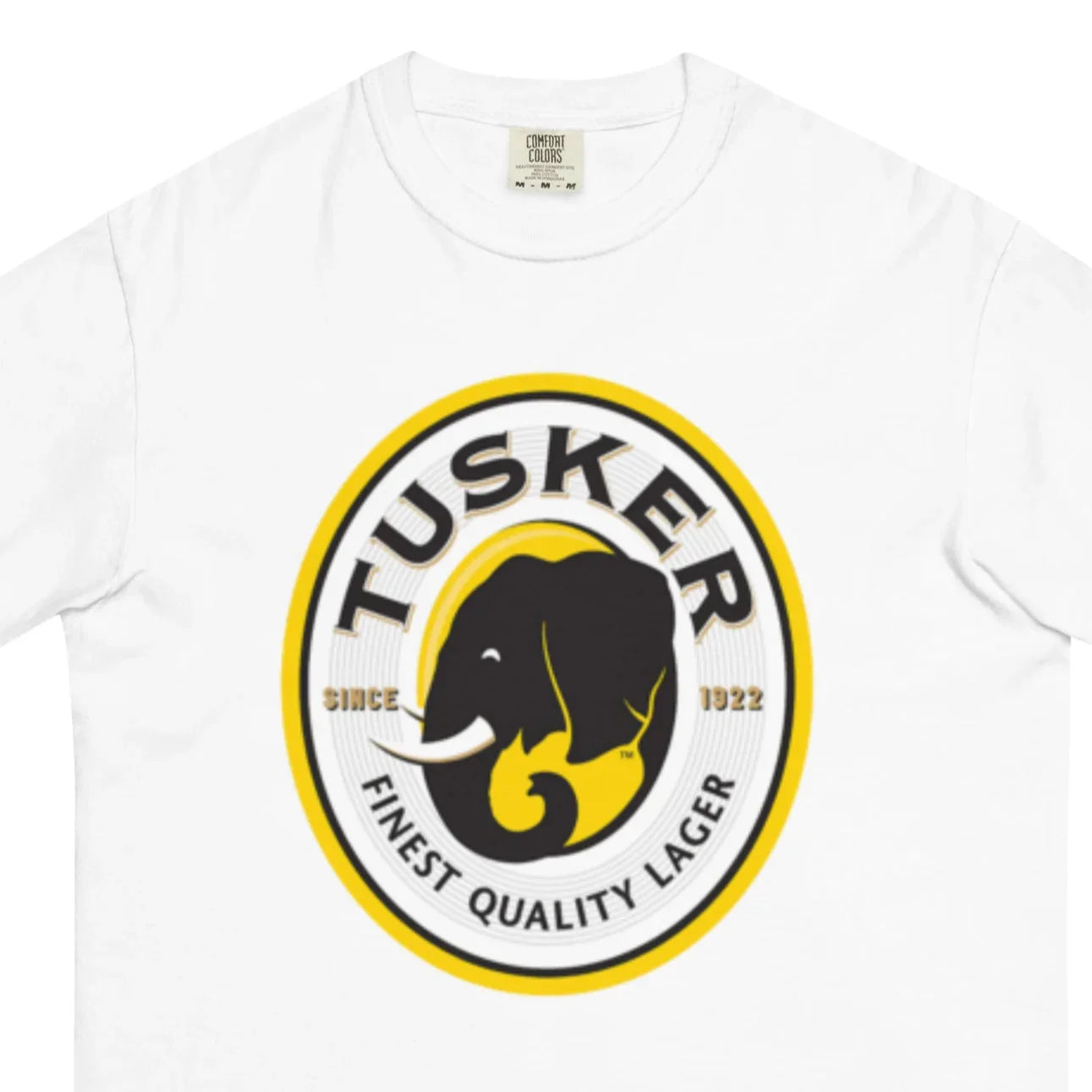 White t-shirt with Tusker beer logo on a white background