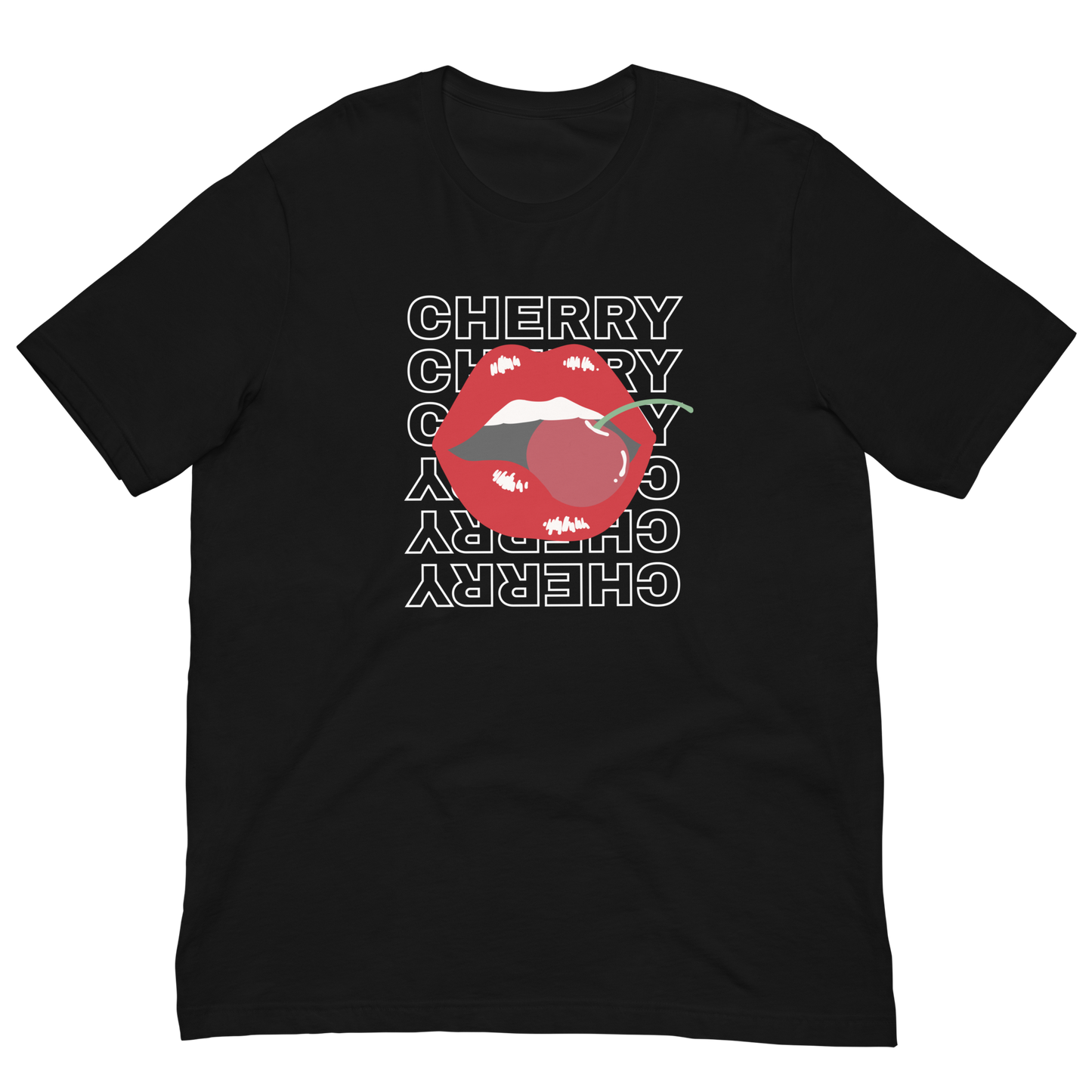 Cherry lips graphic t-shirt with bold red lips and cherry design, styled for Y2K fashion and baddie outfits.