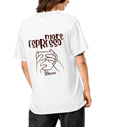 White t-shirt with “More Espresso, Less Depresso” text – funny coffee quote tee for caffeine lovers