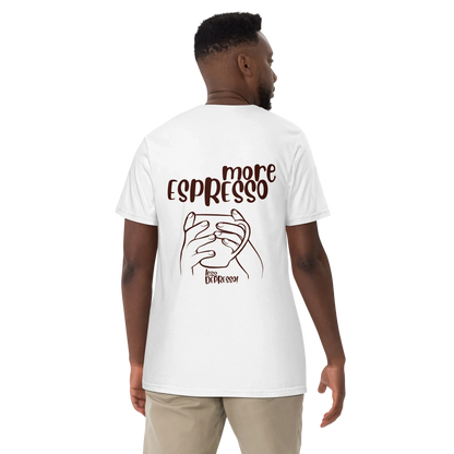 White t-shirt with “More Espresso, Less Depresso” text – funny coffee quote tee for caffeine lovers