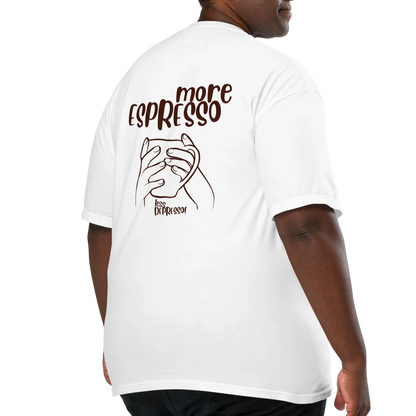White t-shirt with “More Espresso, Less Depresso” text – funny coffee quote tee for caffeine lovers