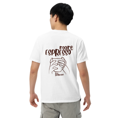 White t-shirt with “More Espresso, Less Depresso” text – funny coffee quote tee for caffeine lovers