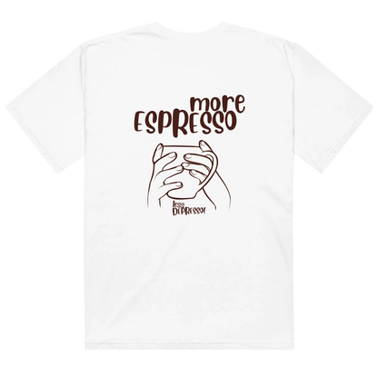 White t-shirt with “More Espresso, Less Depresso” text – funny coffee quote tee for caffeine lovers
