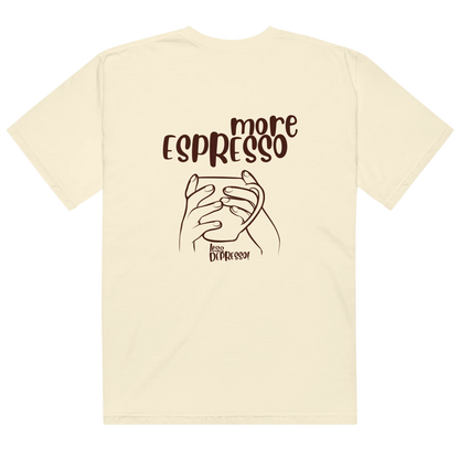 White t-shirt with “More Espresso, Less Depresso” text – funny coffee quote tee for caffeine lovers