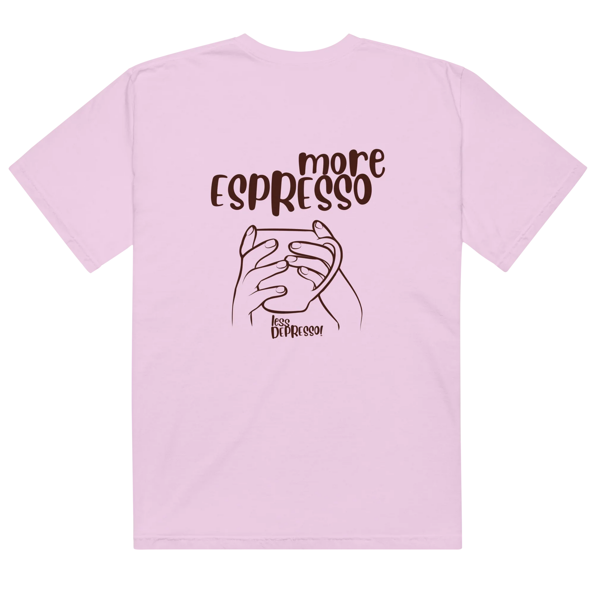 White t-shirt with “More Espresso, Less Depresso” text – funny coffee quote tee for caffeine lovers