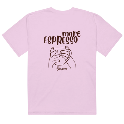 White t-shirt with “More Espresso, Less Depresso” text – funny coffee quote tee for caffeine lovers