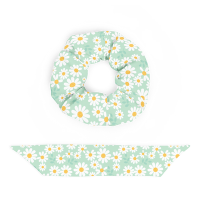 Scrunchie with daisy pattern on a white background