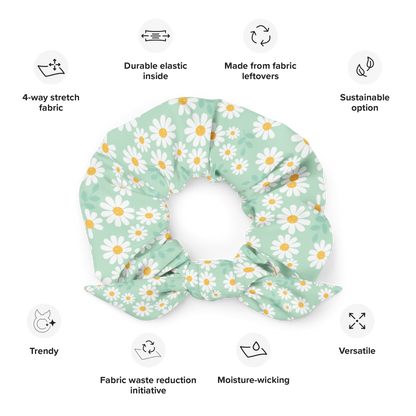 Floral scrunchie with sustainability features on a white background