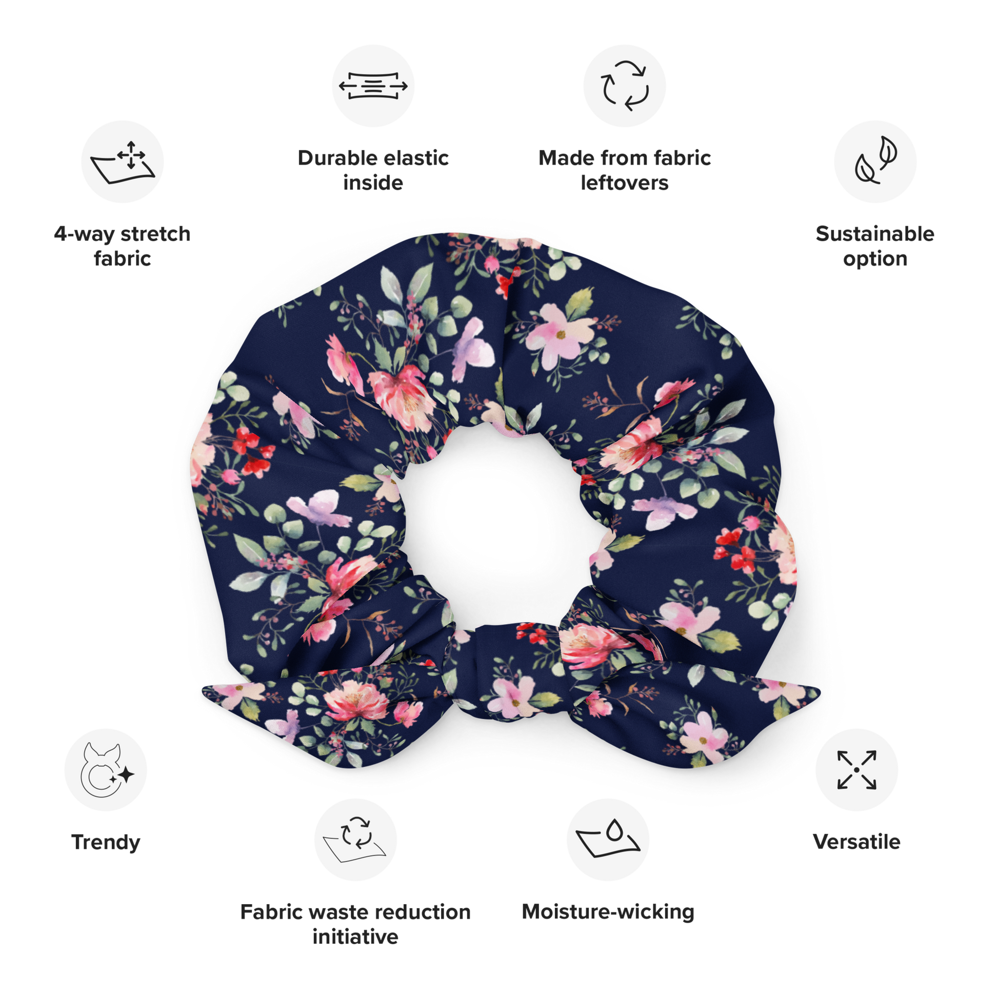 Floral scrunchie with sustainability features on a white background