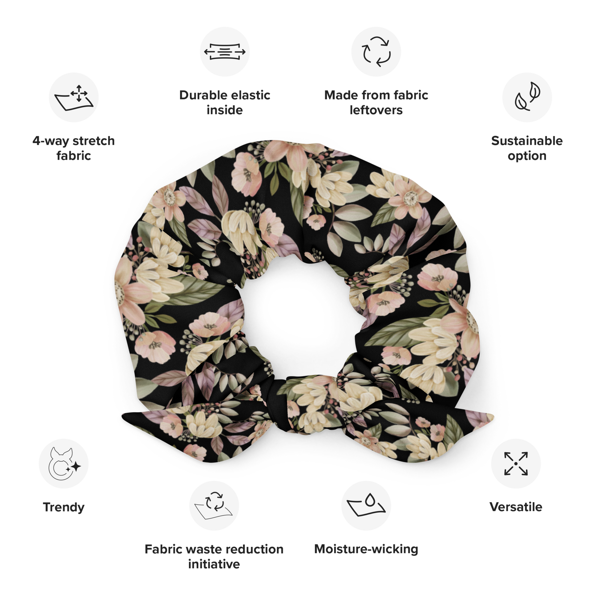 Floral patterned scrunchie with sustainability features listed on a white background