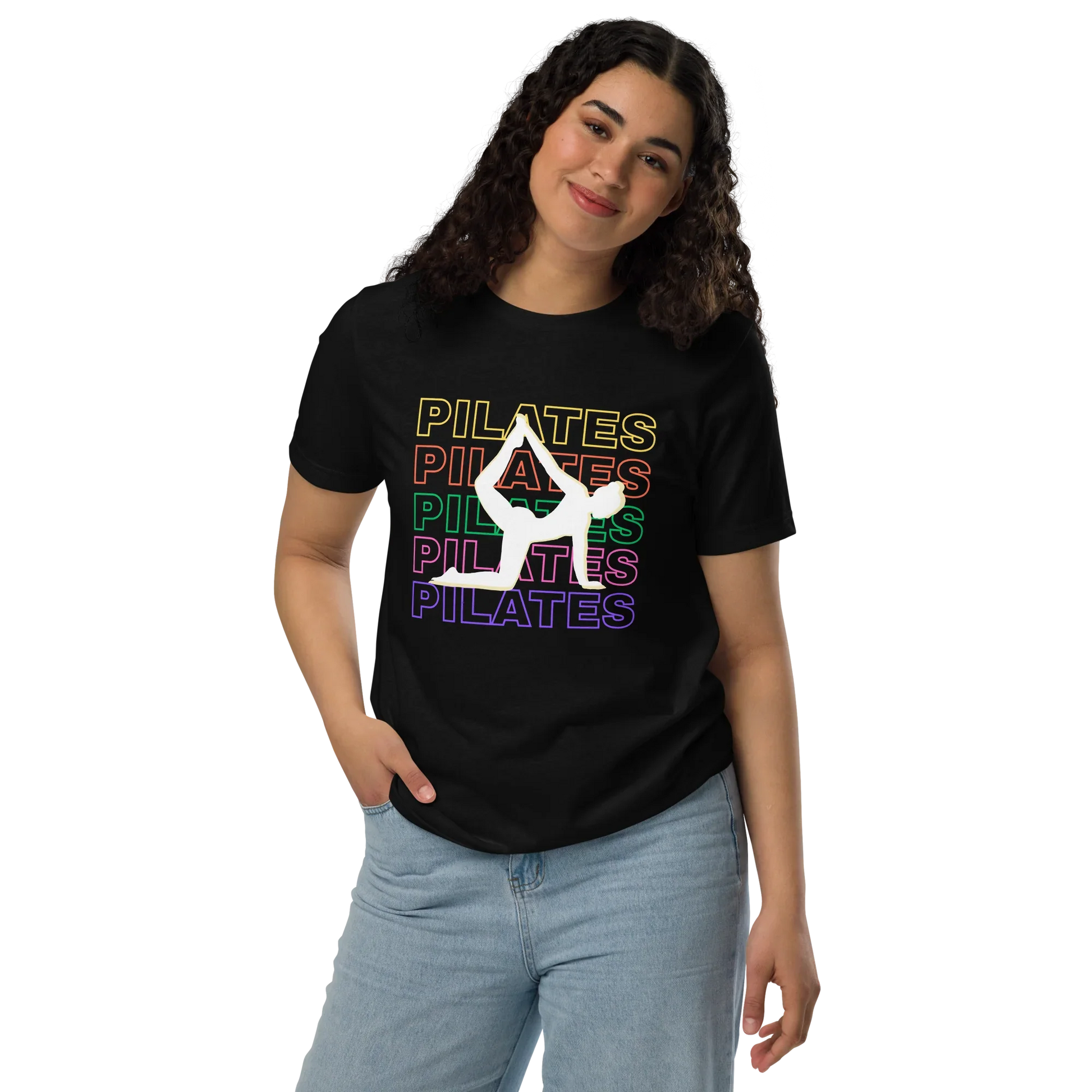 Woman wearing colorful Pilates t-shirt with bold fitness design – perfect for active lifestyle, gym, and wellness lovers