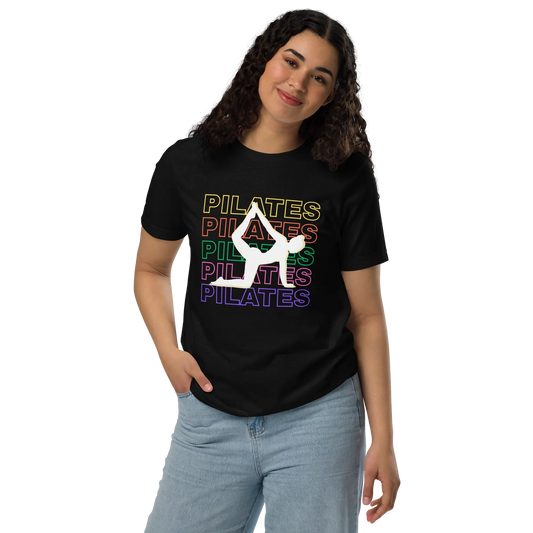 Woman wearing colorful Pilates t-shirt with bold fitness design – perfect for active lifestyle, gym, and wellness lovers