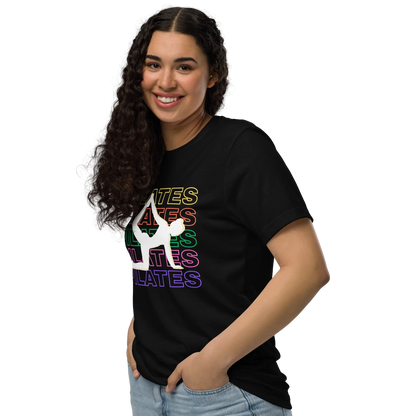 Woman wearing colorful Pilates t-shirt with bold fitness design – perfect for active lifestyle, gym, and wellness lovers