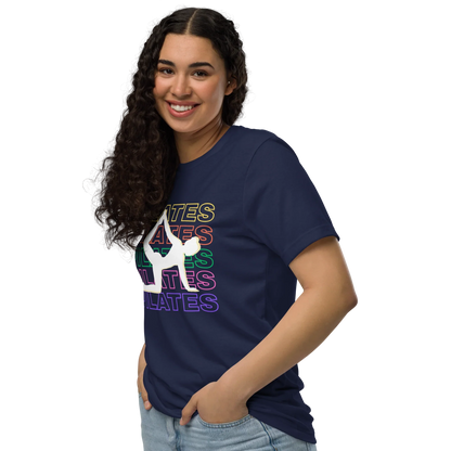 Woman wearing colorful Pilates t-shirt with bold fitness design – perfect for active lifestyle, gym, and wellness lovers
