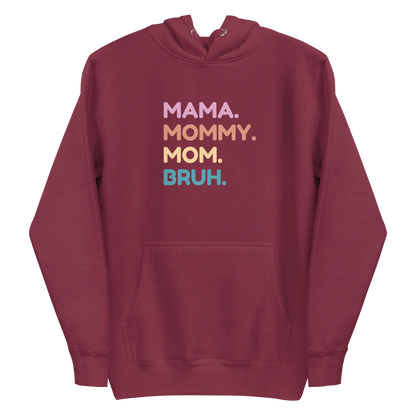 Maroon hoodie with colorful text on a white background