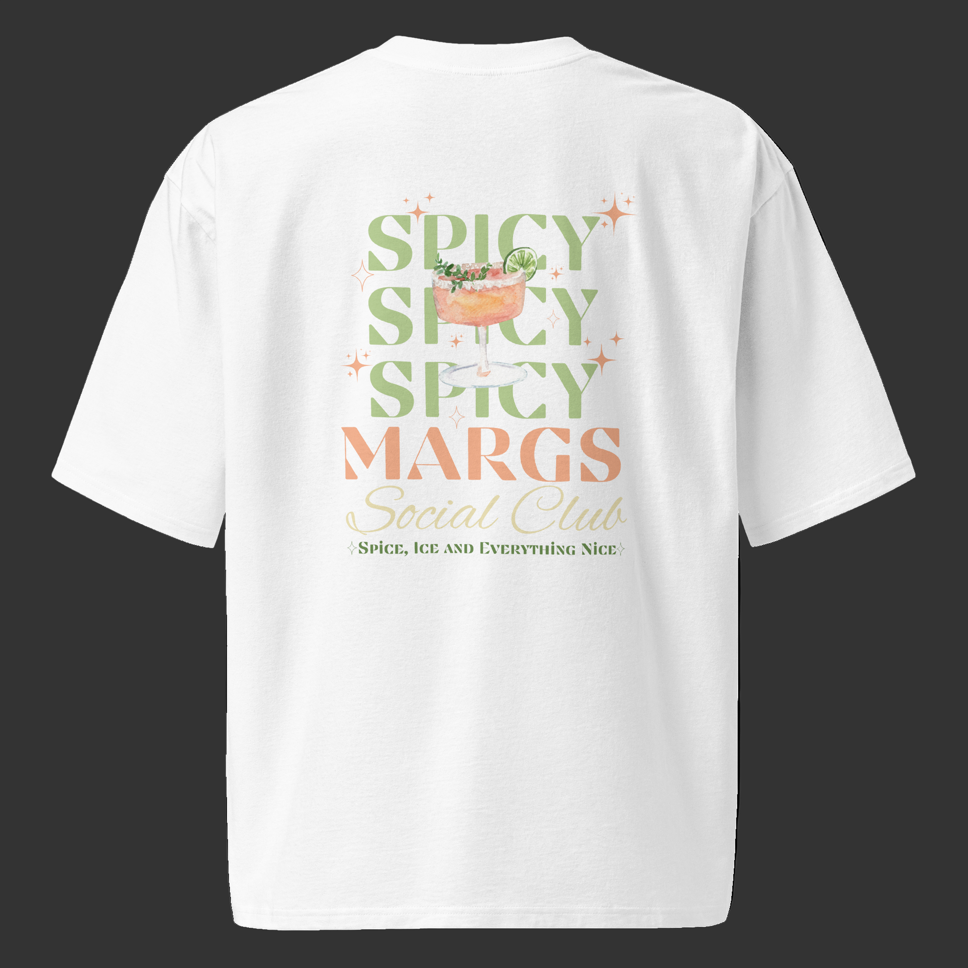 White t-shirt with 'Spicy Spicy Spicy Margs Social Club' text and graphic on a white background