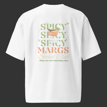 White t-shirt with 'Spicy Spicy Spicy Margs Social Club' text and graphic on a white background