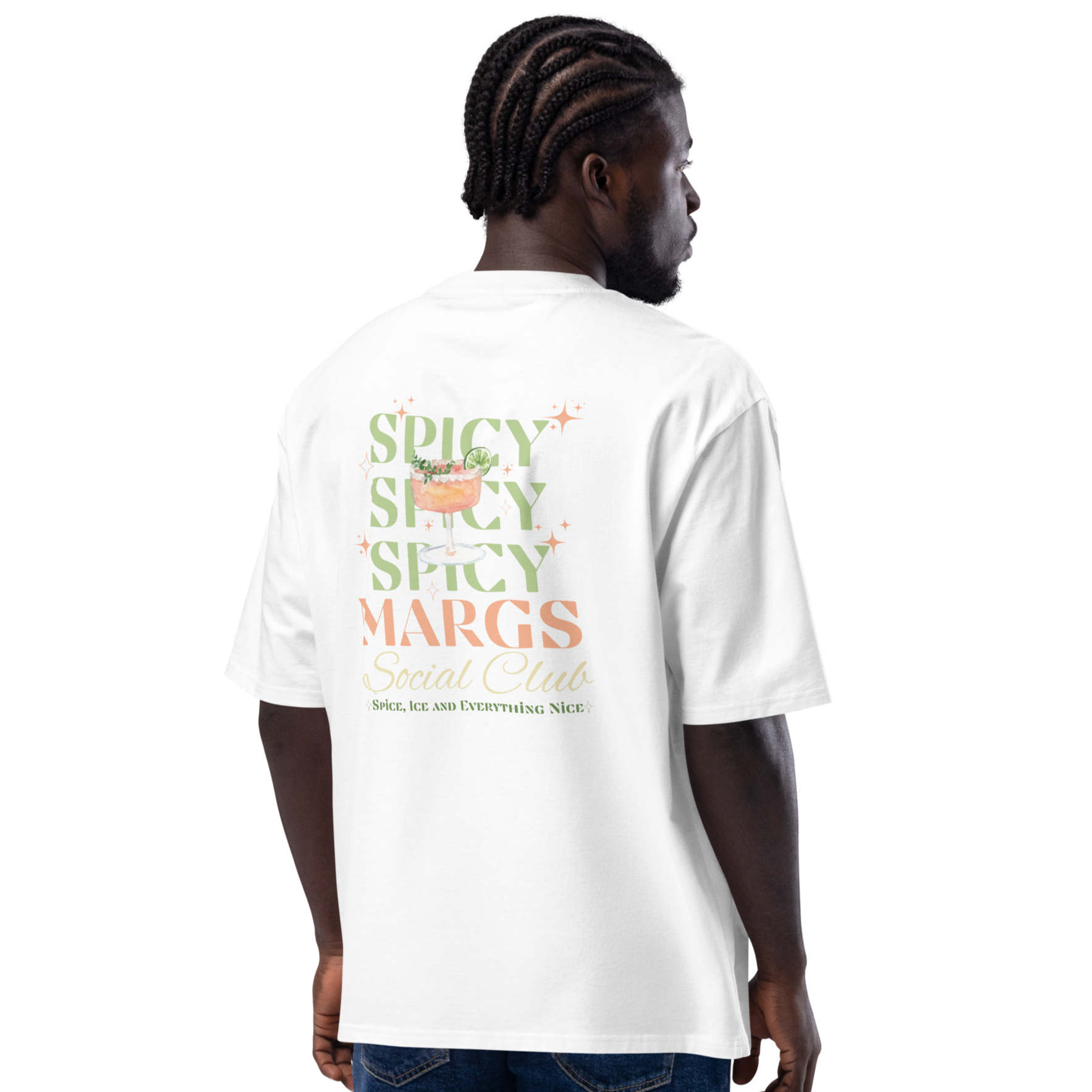 Person wearing a white t-shirt with colorful text and graphics on the back, standing against a white background.