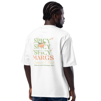 Person wearing a white t-shirt with colorful text and graphics on the back, standing against a white background.