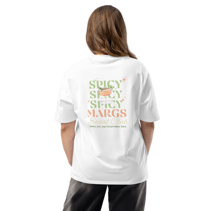 Person wearing a white t-shirt with 'Spicy Spicy Spicy Margs' text and graphic on the back, standing against a white background.