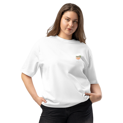 Woman wearing a white t-shirt and black pants on a white background
