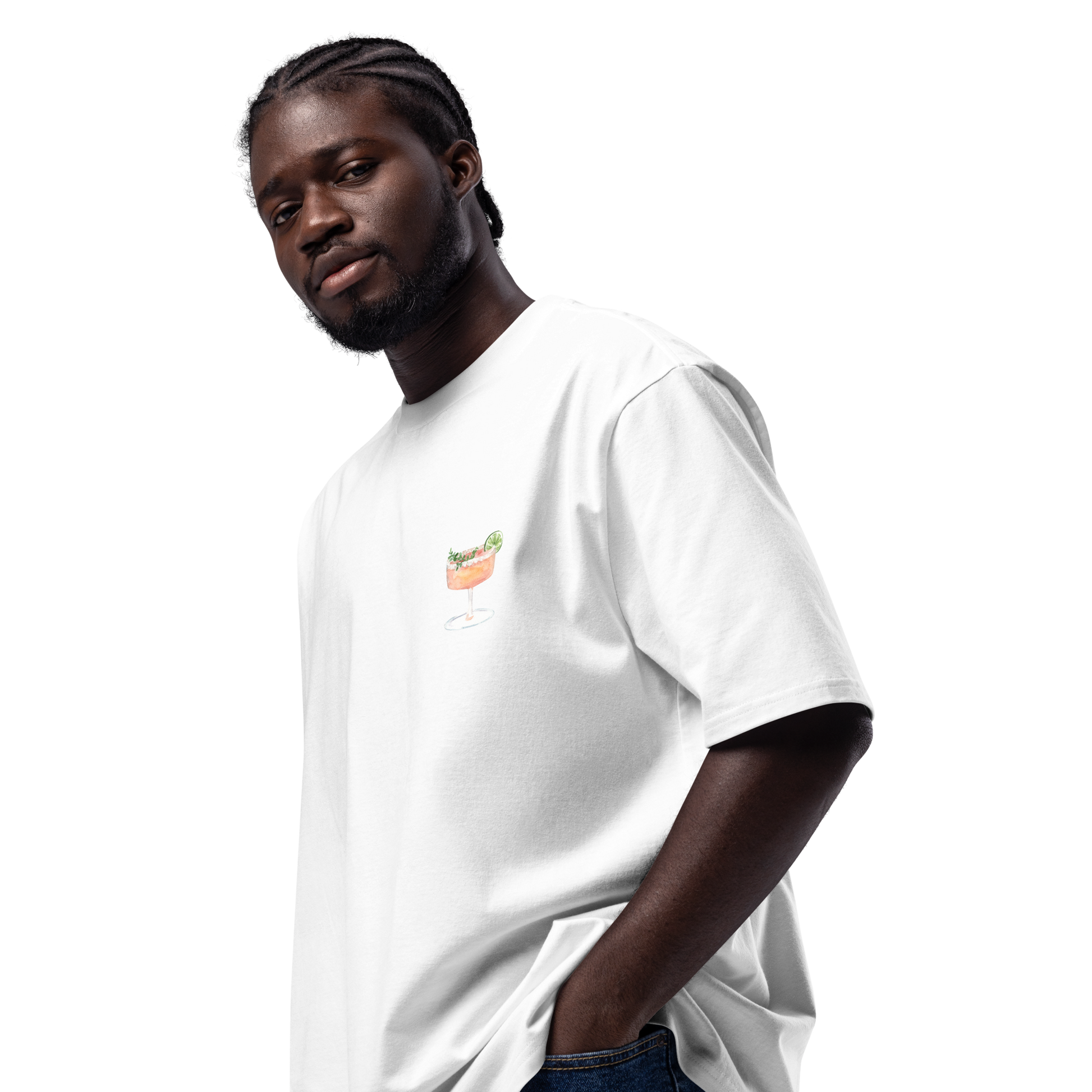 Man wearing a white t-shirt with a small maragarita logo on a white background