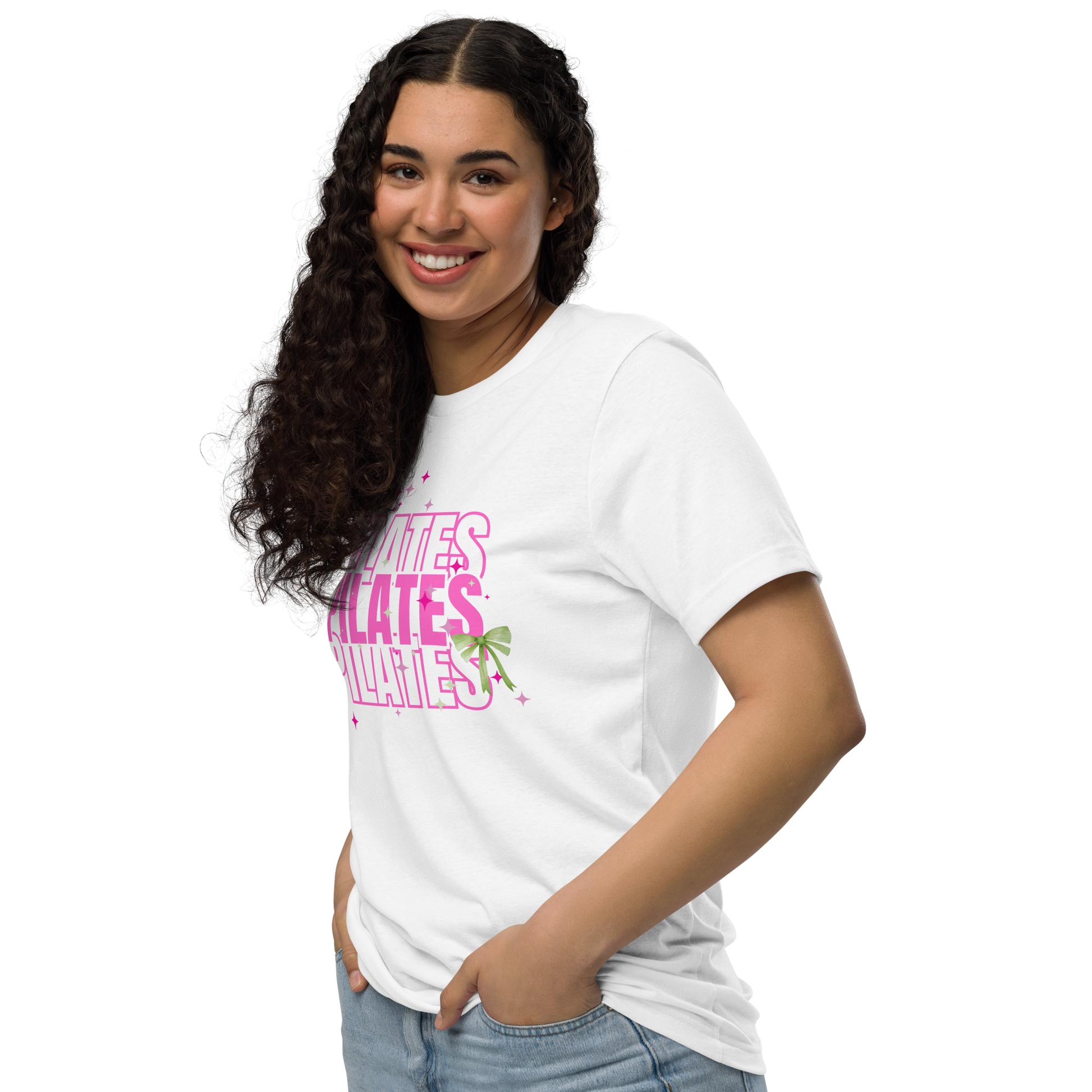 Pilates t-shirt with soft green bow – aesthetic activewear for women