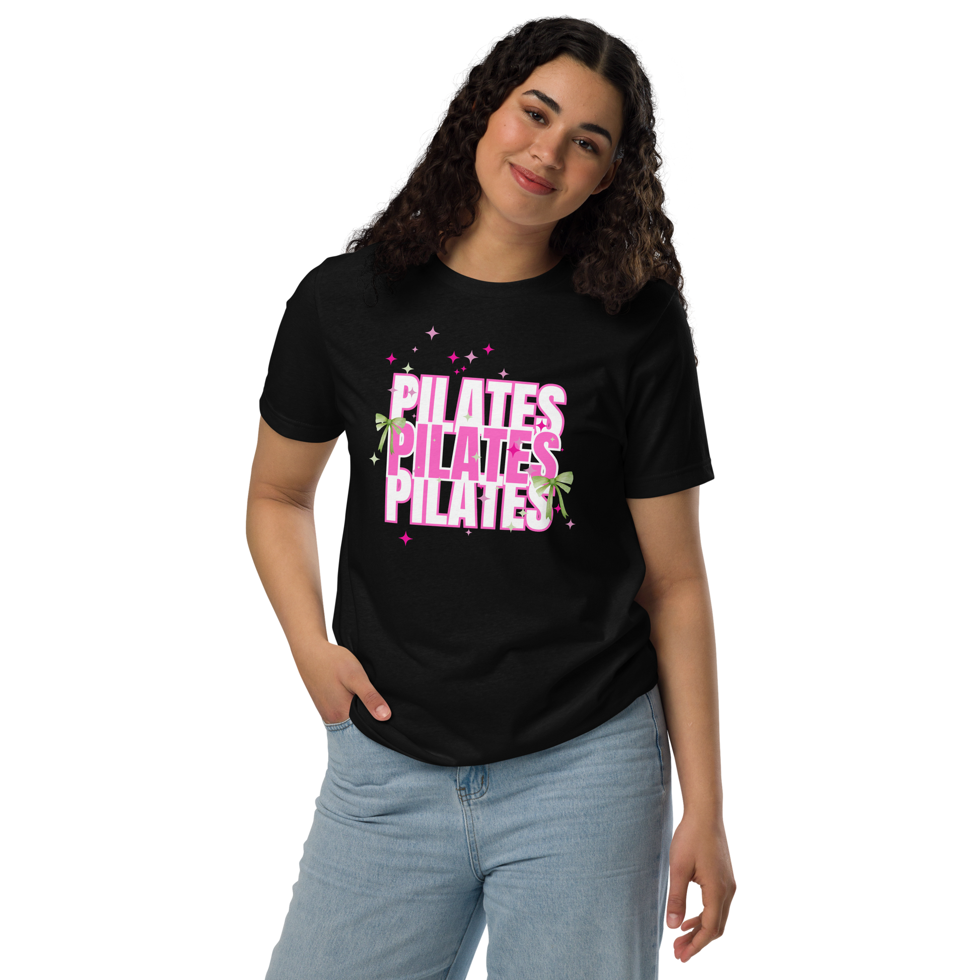 Pilates t-shirt with soft green bow – aesthetic activewear for women