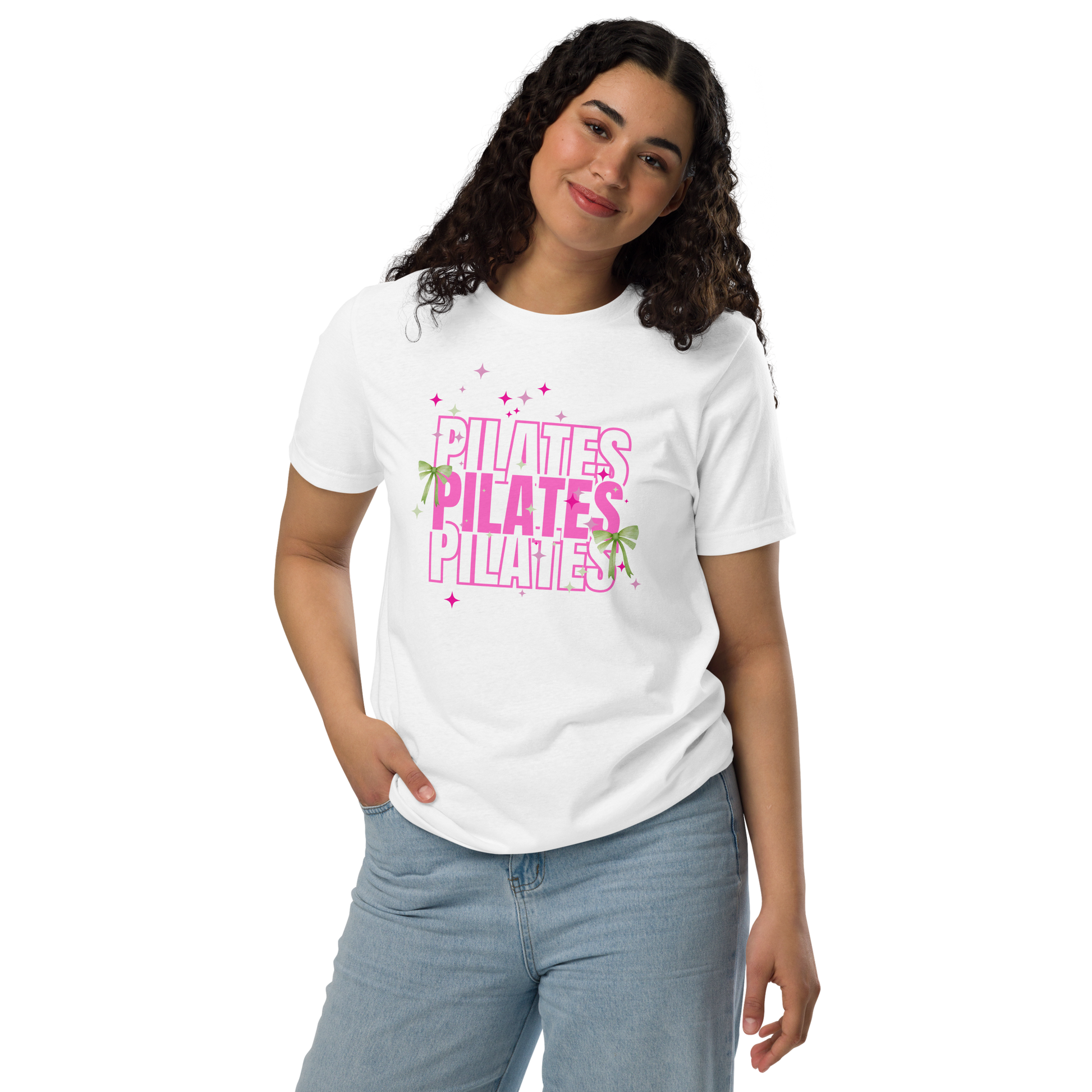 Pilates t-shirt with soft green bow – aesthetic activewear for women