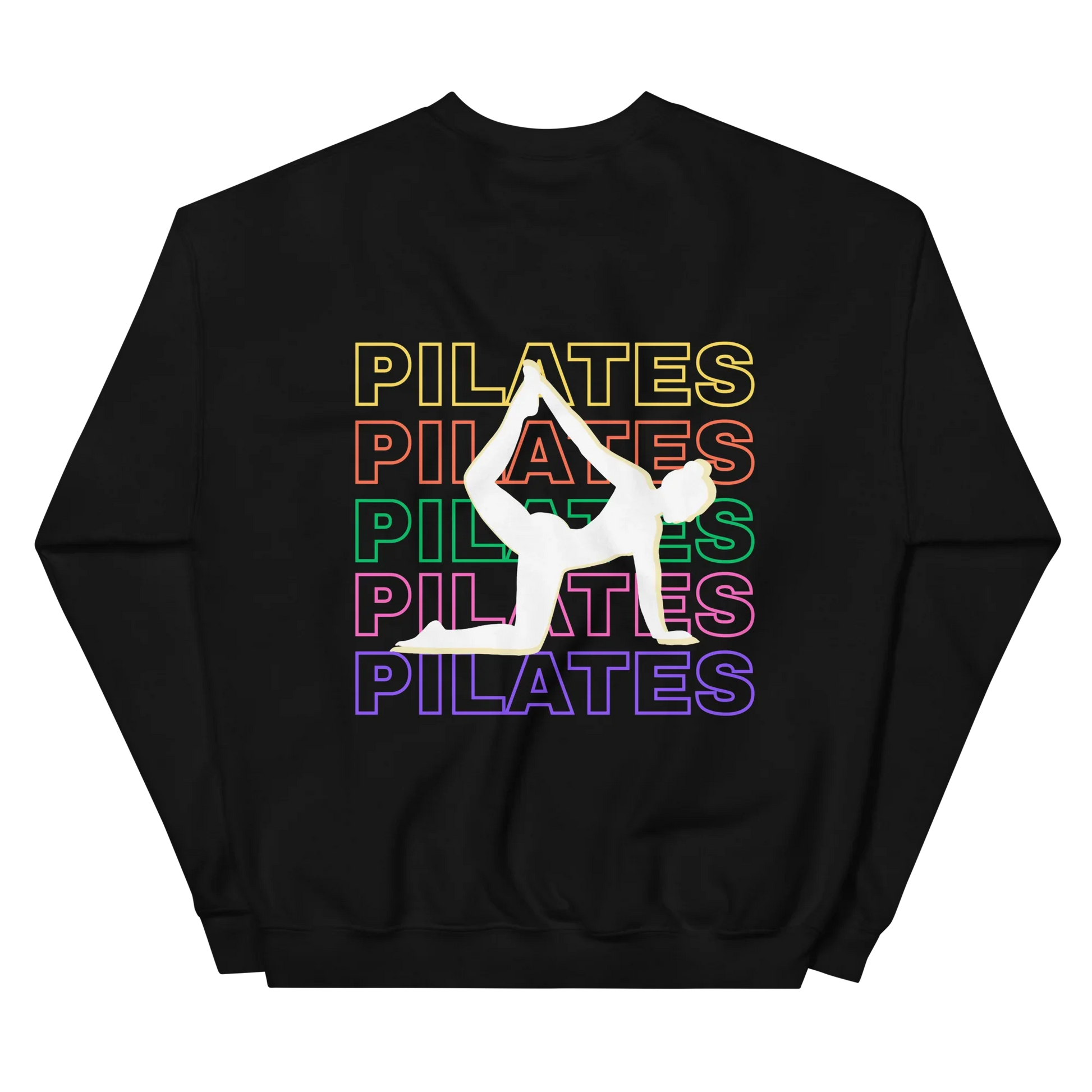 Back of sweatshirt showing bold “PILATES” print, styled for fitness girls and instructors.