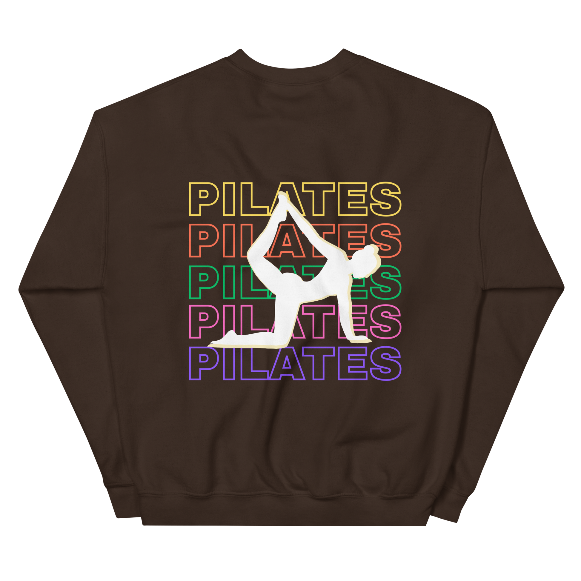 Back of sweatshirt showing bold “PILATES” print, styled for fitness girls and instructors.