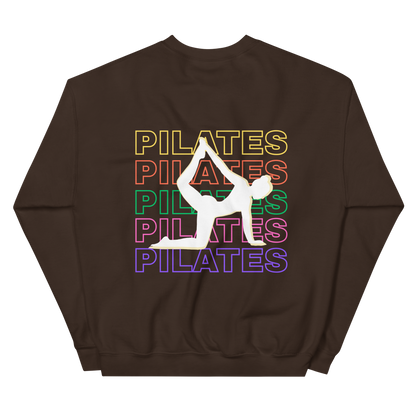 Back of sweatshirt showing bold “PILATES” print, styled for fitness girls and instructors.