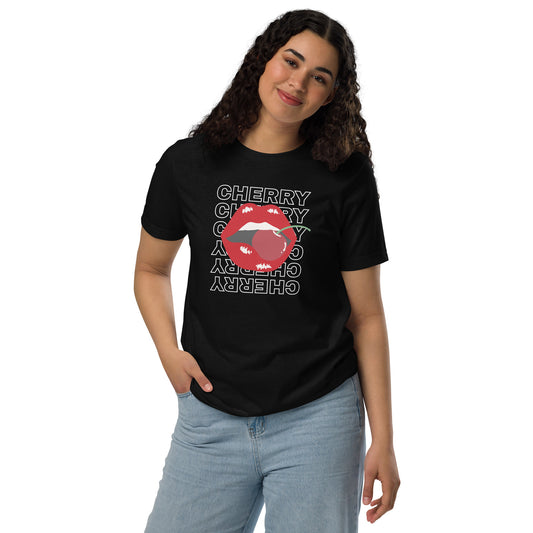 Model wearing lip-biting cherry tee, perfect for flirty casual looks and trendy streetwear.