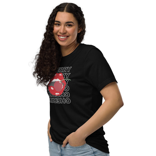 Model wearing lip-biting cherry tee, perfect for flirty casual looks and trendy streetwear.