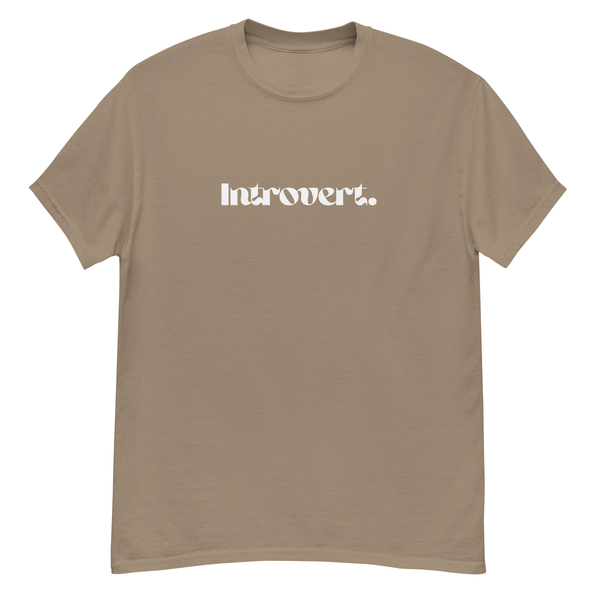 Brown t-shirt with 'Introvert.' text on a white background
