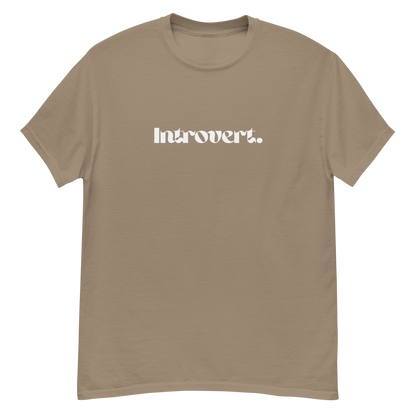 Brown t-shirt with 'Introvert.' text on a white background