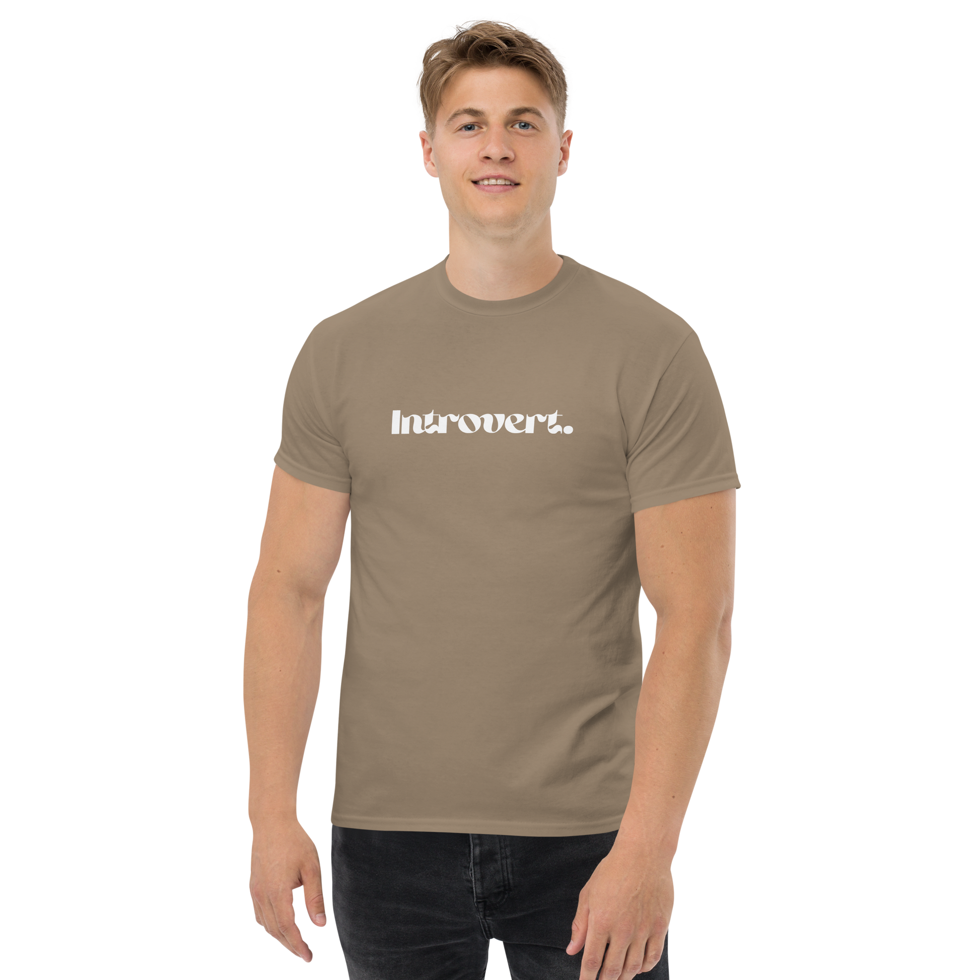 Man wearing a brown t-shirt with 'Introvert' logo on a white background
