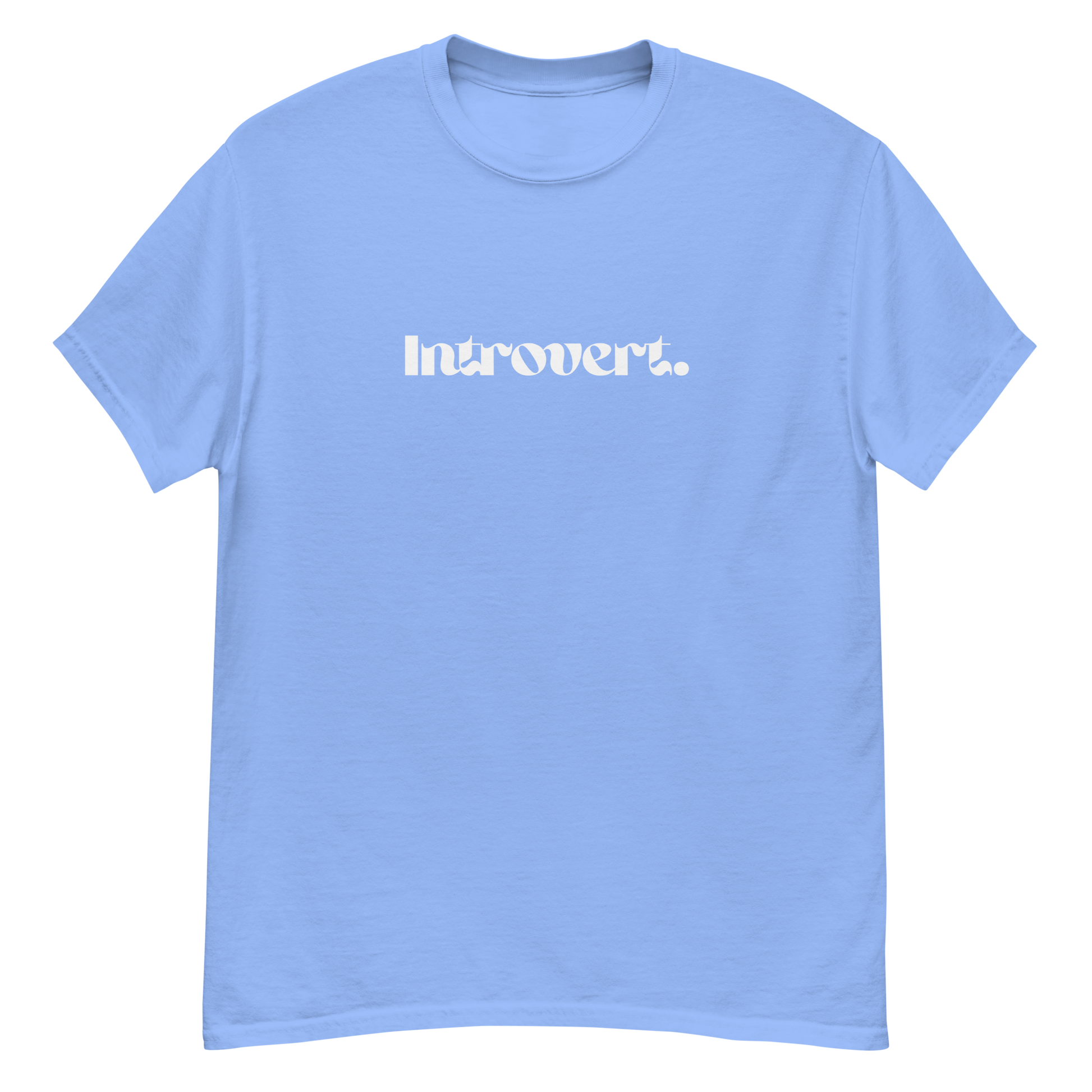 Light blue t-shirt with 'Introvert' text on a white background
