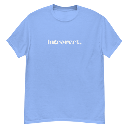 Light blue t-shirt with 'Introvert' text on a white background