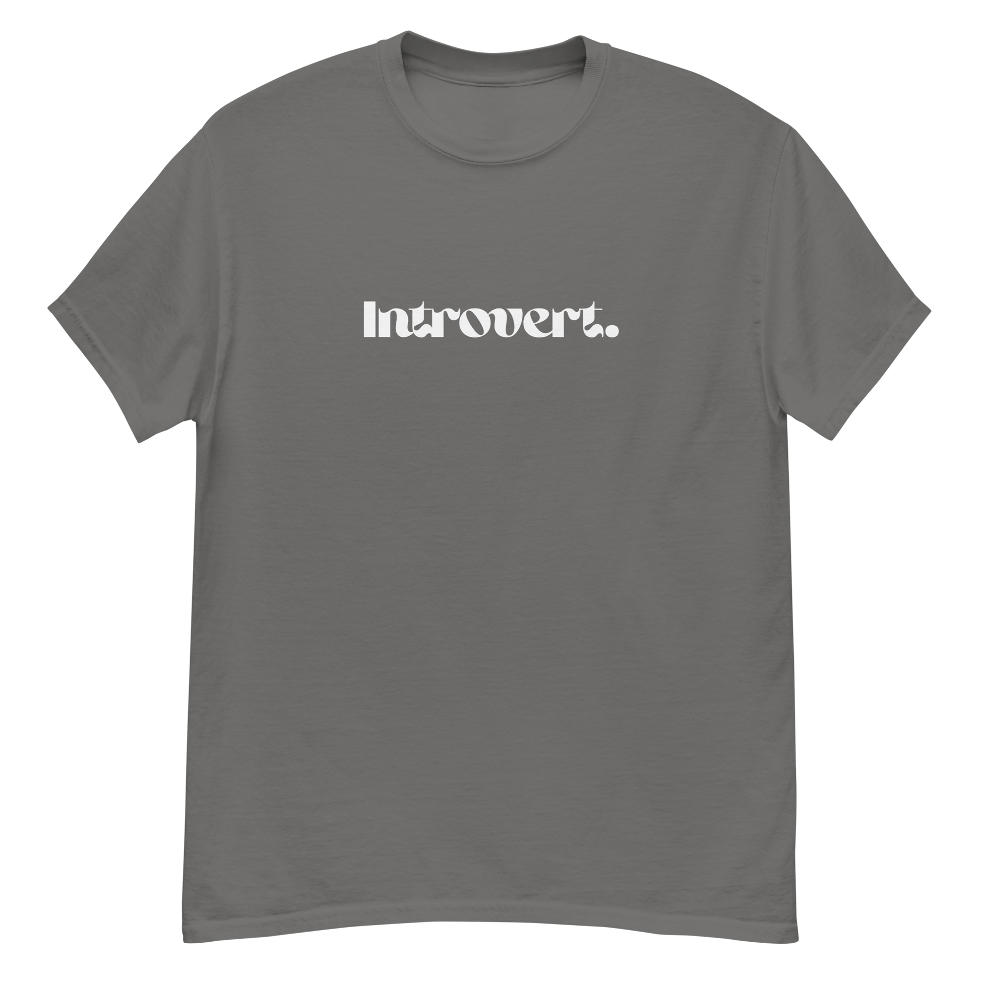 Gray t-shirt with 'Introvert.' printed in white on a white background