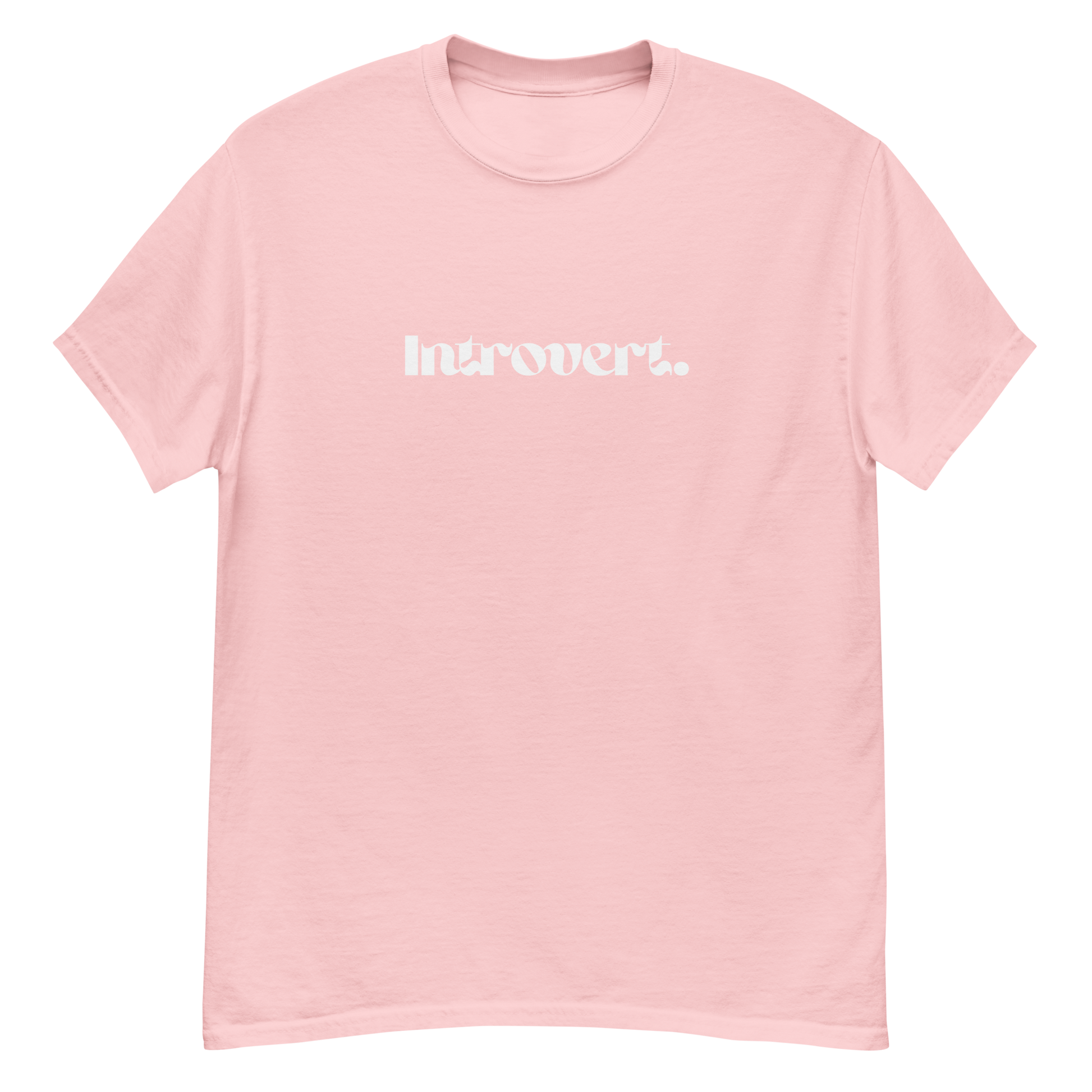 Pink t-shirt with 'Introvert!' text on a white background